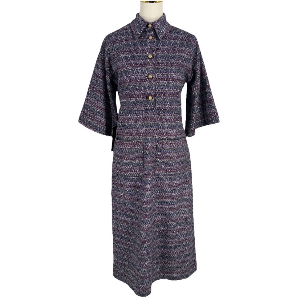 Tuckernuck Womens Multi Stripe Tweed Beth Midi Dress Small Classic Pockets Retro